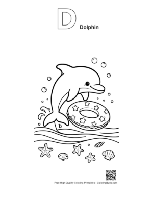 Thumbnail: Adorable Dolphin Playing with a Floating Ring Underwater Printable Outline Alphabet D Dolphin