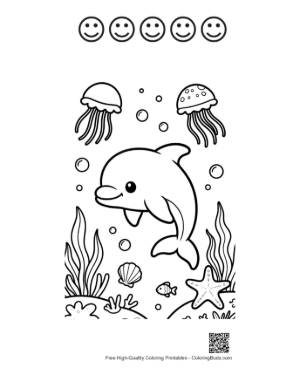 Thumbnail: Cheerful Dolphin Leaping Over Jellyfish in the Deep Sea Printable and 5 Happy Face Outline
