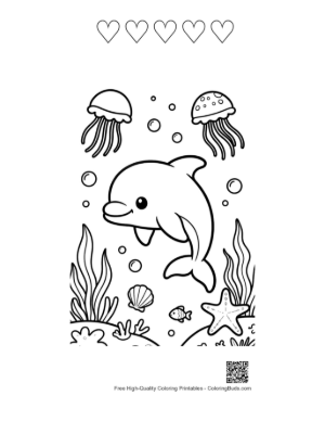 Thumbnail: Cheerful Dolphin Leaping Over Jellyfish in the Deep Sea Printable and 5 Heart Outline