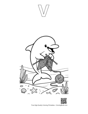 Thumbnail: Creative Dolphin Knitting a Sweater with Wool Underwater Printable Outline Alphabet V