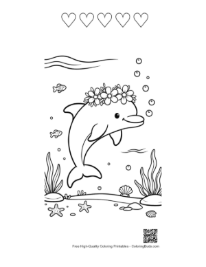 Thumbnail: Cute Dolphin Sea Life Coloring Sheet Printable and 5 Heart Outline