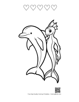 Thumbnail: Dolphin and Playful Mermaid Friend Printable and 5 Heart Outline