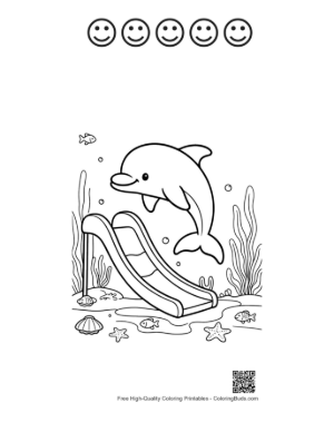 Thumbnail: Dolphin Calf Sliding into a Colorful Coral Reef Area Printable and 5 Happy Face Outline