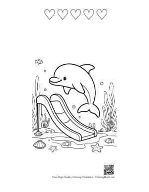 Thumbnail: Dolphin Calf Sliding into a Colorful Coral Reef Area Printable and 5 Heart Outline