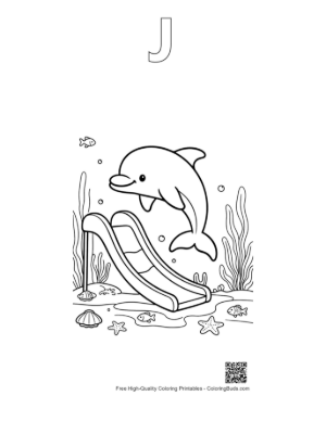 Thumbnail: Dolphin Calf Sliding into a Colorful Coral Reef Area Printable Outline Alphabet J