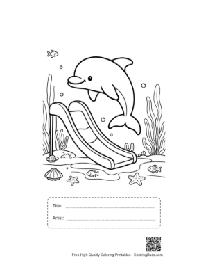 Thumbnail: Dolphin Calf Sliding into a Colorful Coral Reef Area Printable with Title and Artist Box