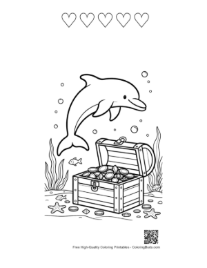 Thumbnail: Dolphin Discovering Hidden Sunken Treasure in the Deep Printable and 5 Heart Outline