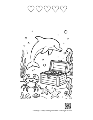Thumbnail: Dolphin Guardian Watching over a Chest of Gold Coins Printable and 5 Heart Outline