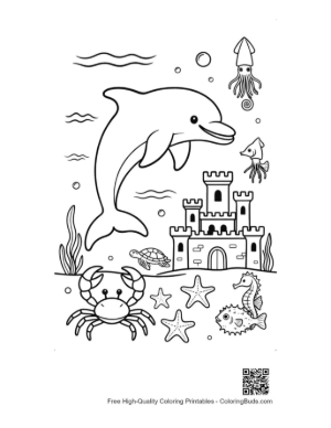Thumbnail: Dolphin Jumping High Above a Beautiful Sea Castle Printable