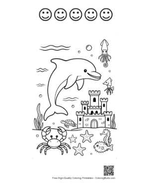 Thumbnail: Dolphin Jumping High Above a Beautiful Sea Castle Printable and 5 Happy Face Outline
