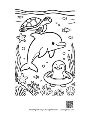 Thumbnail: Dolphin Jumping Over a Penguin in a Floating Ring Printable