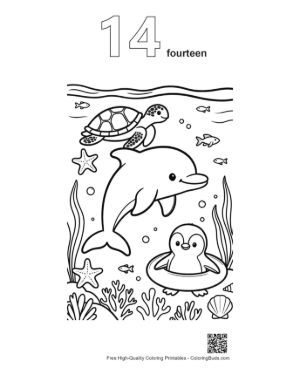 Thumbnail: Dolphin Jumping Over a Penguin in a Floating Ring Printable Outline Number 14