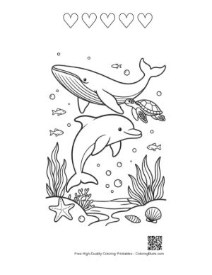 Thumbnail: Dolphin Jumping Over a Sea Lion in the Tropical Sea Printable and 5 Heart Outline