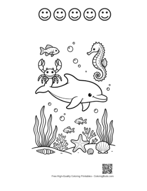 Thumbnail: Dolphin Jumping Over a Stingray in the Tropical Ocean Printable and 5 Happy Face Outline