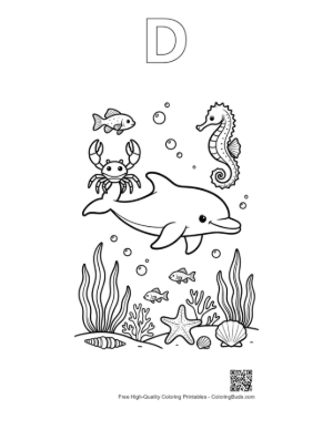 Thumbnail: Dolphin Jumping Over a Stingray in the Tropical Ocean Printable Outline Alphabet D