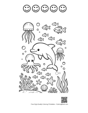 Thumbnail: Dolphin Jumping Over an Octopus and Jellyfish in the Sea Printable and 5 Happy Face Outline