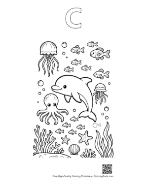 Thumbnail: Dolphin Jumping Over an Octopus and Jellyfish in the Sea Printable Outline Alphabet C