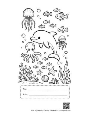 Thumbnail: Dolphin Jumping Over an Octopus and Jellyfish in the Sea Printable with Title and Artist Box