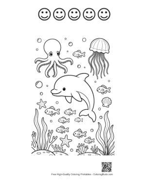 Thumbnail: Dolphin Jumping Over an Octopus and Many Small Fish Printable and 5 Happy Face Outline