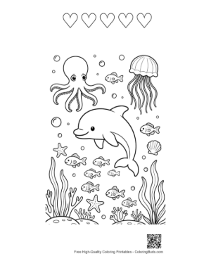 Thumbnail: Dolphin Jumping Over an Octopus and Many Small Fish Printable and 5 Heart Outline