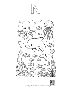 Thumbnail: Dolphin Jumping Over an Octopus and Many Small Fish Printable Outline Alphabet N