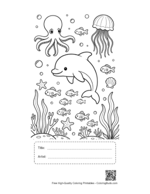Thumbnail: Dolphin Jumping Over an Octopus and Many Small Fish Printable with Title and Artist Box