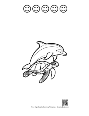 Thumbnail: Dolphin Leaping Joyfully Over Sea Turtle Printable and 5 Happy Face Outline