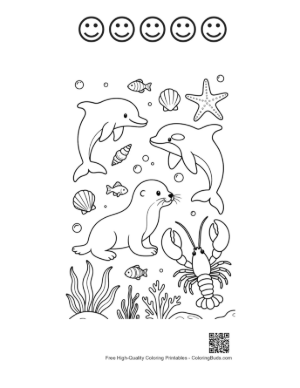 Thumbnail: Dolphin Leaping Over a Baby Seal and Lobster Printable and 5 Happy Face Outline