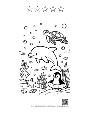 Thumbnail: Dolphin Leaping Over a Penguin in a Lifebuoy Printable and 5 Star Outline