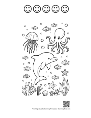 Thumbnail: Dolphin Leaping Over an Octopus in the Deep Sea Printable and 5 Happy Face Outline