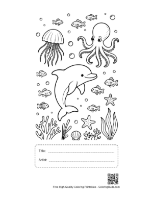 Thumbnail: Dolphin Leaping Over an Octopus in the Deep Sea Printable with Title and Artist Box