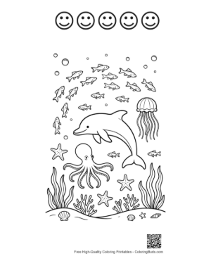 Thumbnail: Dolphin Leaping Over an Octopus in the Tropical Water Printable and 5 Happy Face Outline
