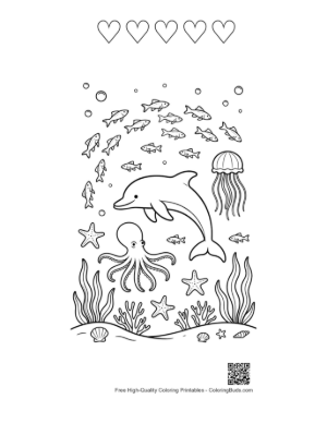 Thumbnail: Dolphin Leaping Over an Octopus in the Tropical Water Printable and 5 Heart Outline
