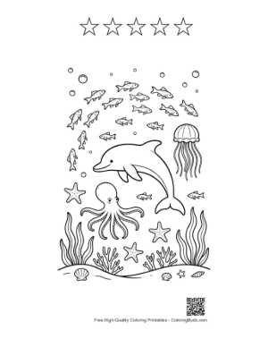 Thumbnail: Dolphin Leaping Over an Octopus in the Tropical Water Printable and 5 Star Outline