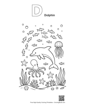 Thumbnail: Dolphin Leaping Over an Octopus in the Tropical Water Printable Outline Alphabet D Dolphin