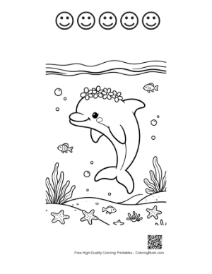 Thumbnail: Dolphin Wearing a Flower Crown Swimming in the Ocean Printable and 5 Happy Face Outline
