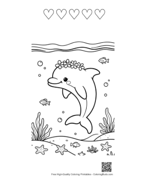 Thumbnail: Dolphin Wearing a Flower Crown Swimming in the Ocean Printable and 5 Heart Outline