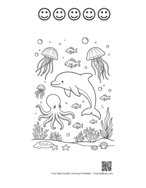 Thumbnail: Free Jumping Dolphin Coloring Page Printable and 5 Happy Face Outline