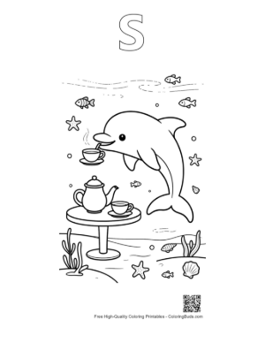 Thumbnail: Funny Dolphin Drinking Tea from a Cup on the Seabed Printable Outline Alphabet S