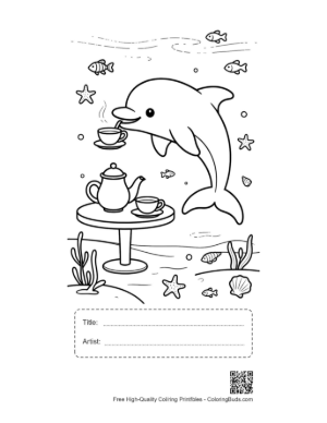 Thumbnail: Funny Dolphin Drinking Tea from a Cup on the Seabed Printable with Title and Artist Box