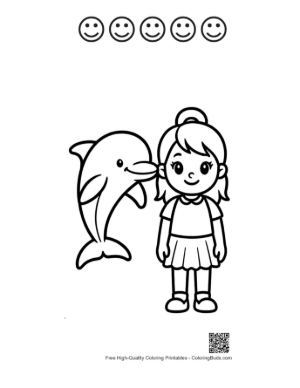 Thumbnail: Girl and Dolphin Coloring Page Printable and 5 Happy Face Outline