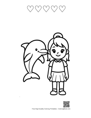 Thumbnail: Girl and Dolphin Coloring Page Printable and 5 Heart Outline