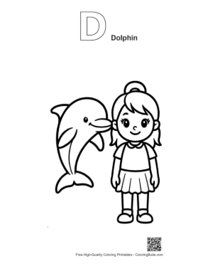 Thumbnail: Girl and Dolphin Coloring Page Printable Outline Alphabet D Dolphin