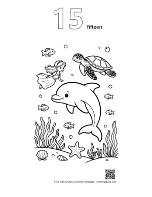 Thumbnail: Graceful Dolphin Leaping Over a Mermaid in the Deep Blue Printable Outline Number 15