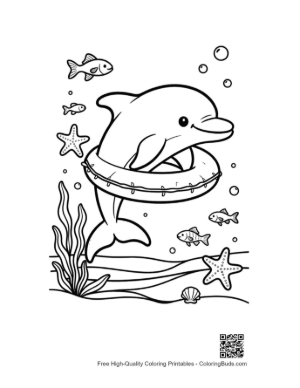 Thumbnail: Happy Dolphin Jumping Through a Lifebuoy in the Sea Printable