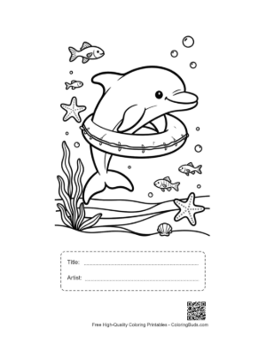Thumbnail: Happy Dolphin Jumping Through a Lifebuoy in the Sea Printable with Title and Artist Box