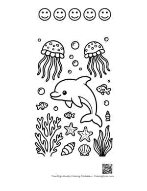 Thumbnail: Happy Dolphin Leaping Over Jellyfish in the Blue Sea Printable and 5 Happy Face Outline