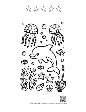 Thumbnail: Happy Dolphin Leaping Over Jellyfish in the Blue Sea Printable and 5 Star Outline