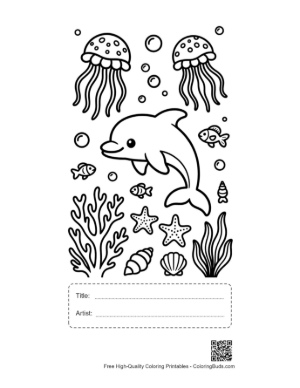 Thumbnail: Happy Dolphin Leaping Over Jellyfish in the Blue Sea Printable with Title and Artist Box