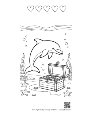 Thumbnail: Happy Dolphin Swimming with an Open Treasure Chest Printable and 5 Heart Outline
